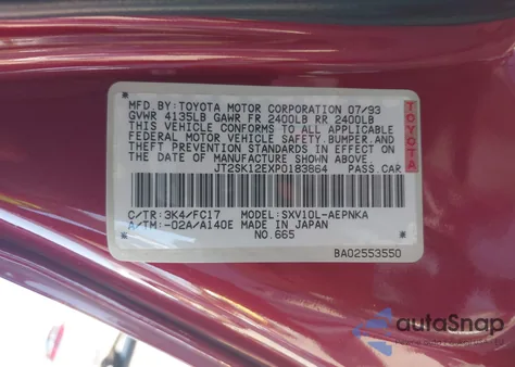 1993 Toyota Camry Le z USA, uszkodzony, nr VIN JT2SK12EXP0183864